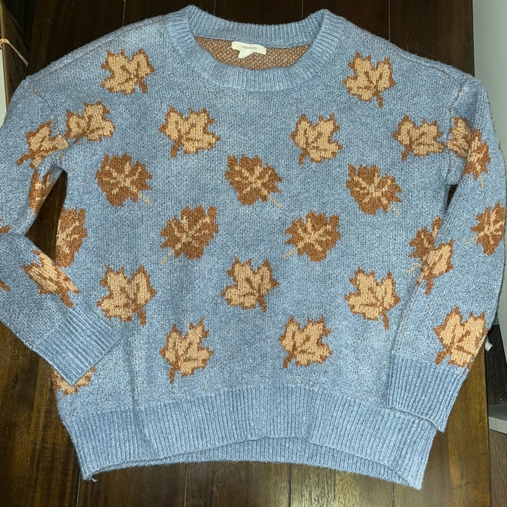 Maurices Blue Sweater with Brown Leaf Design